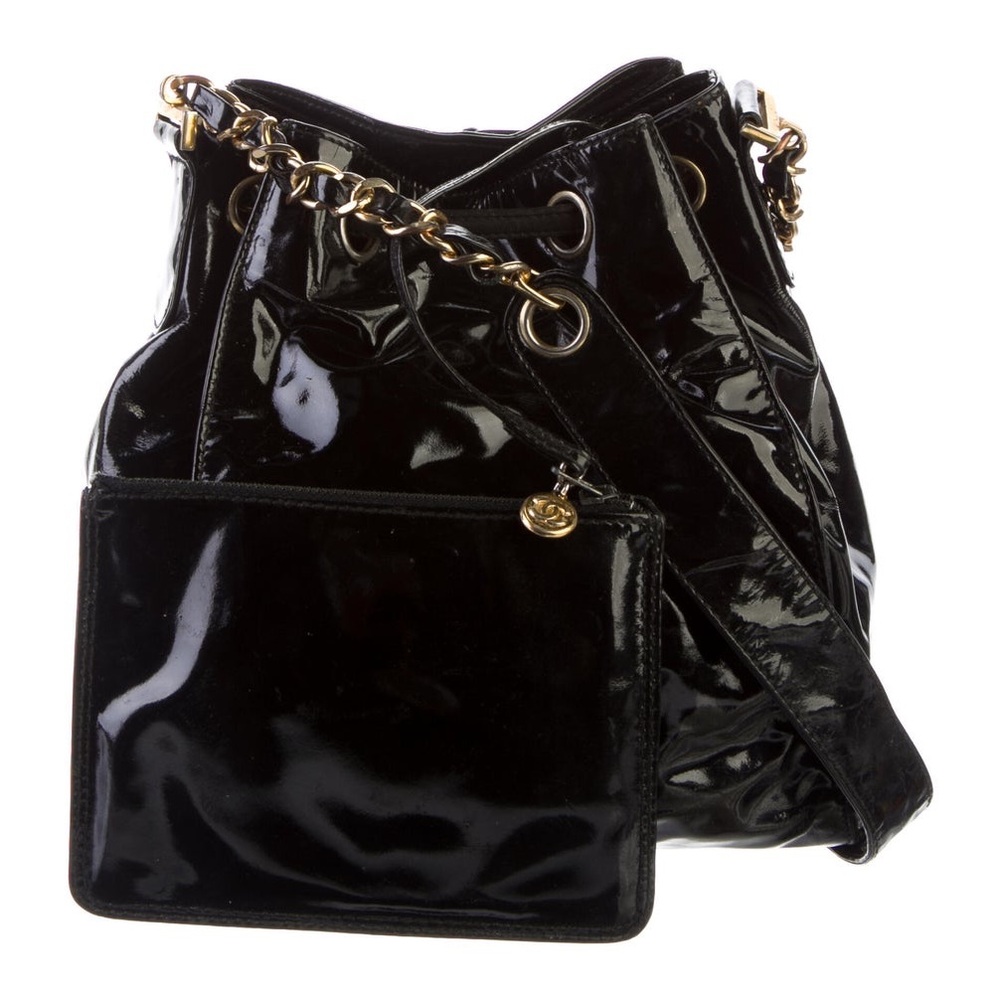 Chanel Vintage Black Patent Leather Bucket Bag 24K Gold-Plated Hardware & Pouch - Picture 2 of 16